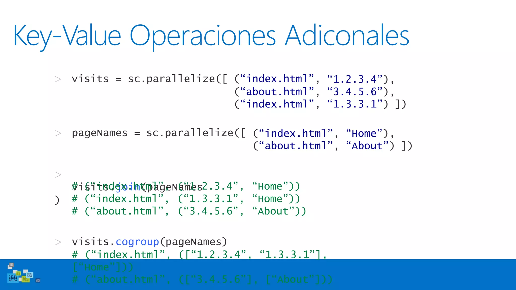 Key-Value Operaciones Adiconales
> visits = sc.parallelize([ (“index.html”,
(“about.html”,
(“index.html”,
“1.2.3.4”),
“3.4.5.6”),
“1.3.3.1”) ])
> pageNames = sc.parallelize([ (“index.html”,
(“about.html”,
“Home”),
“About”) ])
>
visits.join(pageNames
)
> visits.cogroup(pageNames)
# (“index.html”, ([“1.2.3.4”, “1.3.3.1”],
[“Home”]))
# (“about.html”, ([“3.4.5.6”], [“About”]))
#
#
(“index.html”,
(“index.html”,
(“1.2.3.4”,
(“1.3.3.1”,
“Home”))
“Home”))
# (“about.html”, (“3.4.5.6”, “About”))
 