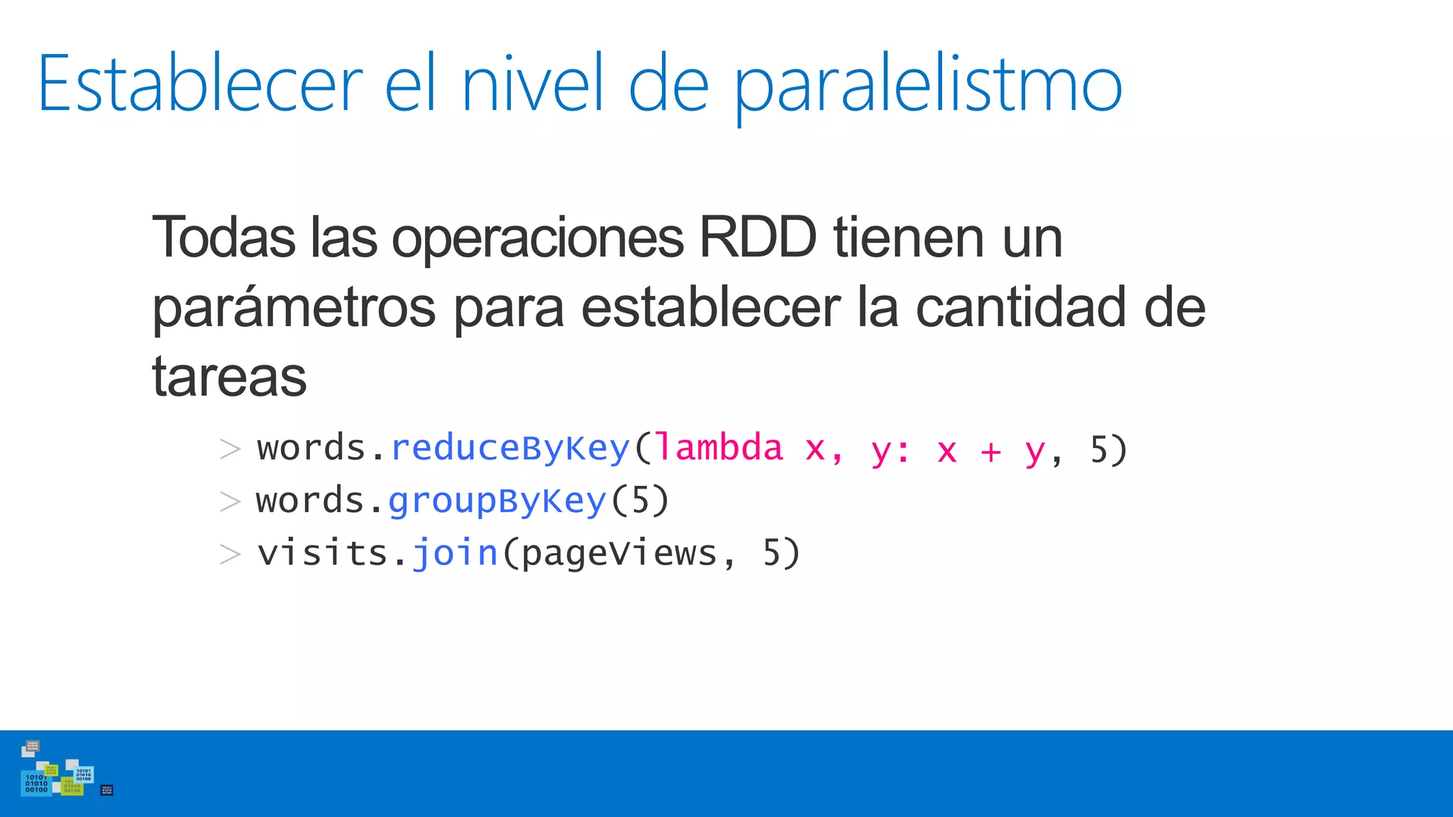 Establecer el nivel de paralelistmo
Todas las operaciones RDD tienen un
parámetros para establecer la cantidad de
tareas
y: x + y, 5)> words.reduceByKey(lambda x,
> words.groupByKey(5)
> visits.join(pageViews, 5)
 