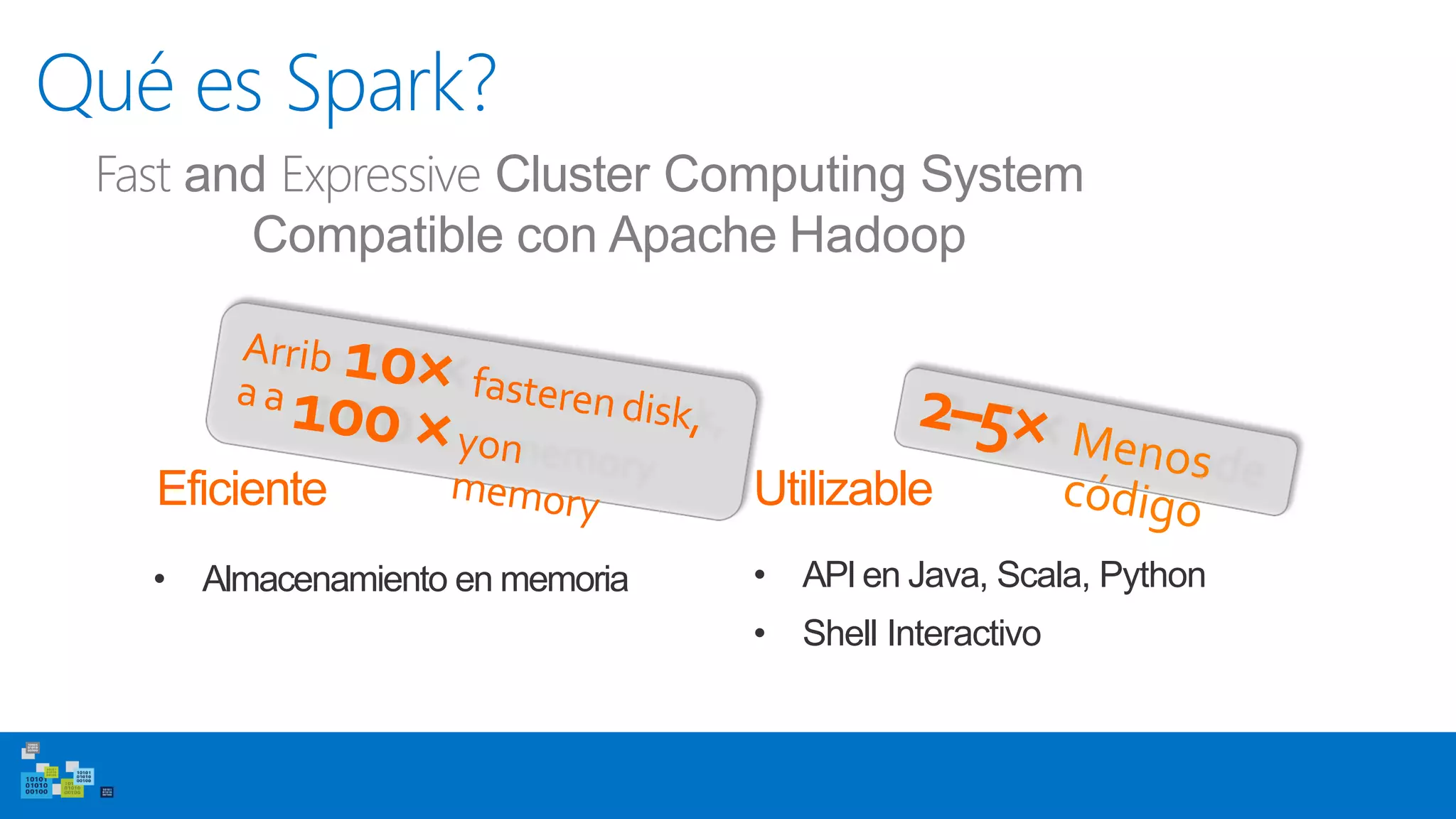 Eficiente
• Almacenamiento en memoria
Utilizable
• API en Java, Scala, Python
• Shell Interactivo
Qué es Spark?
Fast and Expressive Cluster Computing System
Compatible con Apache Hadoop
 