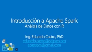 Introducción a Apache Spark
Análisis de Datos con R
Ing. Eduardo Castro, PhD
eduardo.castro@sqlpass.org
ecastrom@gmail.com
 