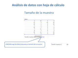Análisis de datos con hoja de cálculo
Tamaño de la muestra
CONTAR(rango de datos) devuelve el tamaño de la muestra
 
