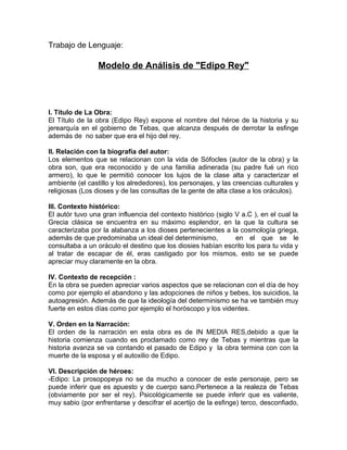 Trabajo de Lenguaje:
Modelo de Análisis de "Edipo Rey"
I. Título de La Obra:
El Título de la obra (Edipo Rey) expone el nombre del héroe de la historia y su
jerearquía en el gobierno de Tebas, que alcanza después de derrotar la esfinge
además de no saber que era el hijo del rey.
II. Relación con la biografía del autor:
Los elementos que se relacionan con la vida de Sófocles (autor de la obra) y la
obra son, que era reconocido y de una familia adinerada (su padre fué un rico
armero), lo que le permitió conocer los lujos de la clase alta y caracterizar el
ambiente (el castillo y los alrededores), los personajes, y las creencias culturales y
religiosas (Los dioses y de las consultas de la gente de alta clase a los oráculos).
III. Contexto histórico:
El autór tuvo una gran influencia del contexto histórico (siglo V a.C ), en el cual la
Grecia clásica se encuentra en su máximo esplendor, en la que la cultura se
caracterizaba por la alabanza a los dioses pertenecientes a la cosmología griega,
además de que predominaba un ideal del determinismo, en el que se le
consultaba a un oráculo el destino que los diosies habían escrito los para tu vida y
al tratar de escapar de él, eras castigado por los mismos, esto se se puede
apreciar muy claramente en la obra.
IV. Contexto de recepción :
En la obra se pueden apreciar varios aspectos que se relacionan con el día de hoy
como por ejemplo el abandono y las adopciones de niños y bebes, los suicidios, la
autoagresión. Además de que la ideología del determinismo se ha ve también muy
fuerte en estos días como por ejemplo el horóscopo y los videntes.
V. Orden en la Narración:
El orden de la narración en esta obra es de IN MEDIA RES,debido a que la
historia comienza cuando es proclamado como rey de Tebas y mientras que la
historia avanza se va contando el pasado de Edipo y la obra termina con con la
muerte de la esposa y el autoxilio de Edipo.
VI. Descripción de héroes:
-Edipo: La prosopopeya no se da mucho a conocer de este personaje, pero se
puede inferir que es apuesto y de cuerpo sano.Pertenece a la realeza de Tebas
(obviamente por ser el rey). Psicológicamente se puede inferir que es valiente,
muy sabio (por enfrentarse y descifrar el acertijo de la esfinge) terco, desconfiado,
 