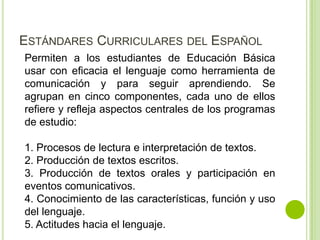 ESTÁNDARES CURRICULARES DEL ESPAÑOL
Permiten a los estudiantes de Educación Básica
usar con eficacia el lenguaje como herramienta de
comunicación y para seguir aprendiendo. Se
agrupan en cinco componentes, cada uno de ellos
refiere y refleja aspectos centrales de los programas
de estudio:

1. Procesos de lectura e interpretación de textos.
2. Producción de textos escritos.
3. Producción de textos orales y participación en
eventos comunicativos.
4. Conocimiento de las características, función y uso
del lenguaje.
5. Actitudes hacia el lenguaje.
 