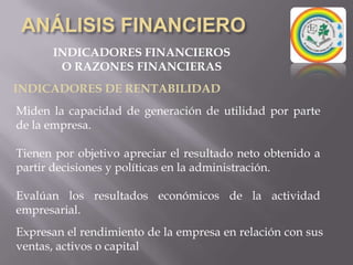 ANÁLISIS FINANCIEROINDICADORES FINANCIEROSO RAZONES FINANCIERASINDICADORES DE ENDEUDAMIENTOESTRUCTURA DEL CAPITAL (deuda patrimonio)Muestra el grado de endeudamiento con relación al patrimonioEl análisis es: Por cada peso colocado por sus dueños, el “”% es aportado por los acreedores.