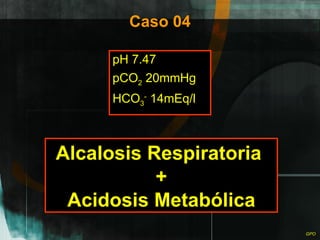 Caso 04 pH 7.47 pCO 2  20mmHg HCO 3 -  14mEq/l Alcalosis Respiratoria  + Acidosis Metabólica 