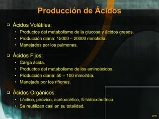 Producción de Ácidos Ácidos Volátiles: Productos del metabolismo de la glucosa y ácidos grasos. Producción diaria: 15000 – 20000 mmol/día. Manejados por los pulmones. Ácidos Fijos: Carga ácida. Productos del metabolismo de los aminoácidos. Producción diaria: 50 – 100 mmol/día. Manejado por los riñones. Ácidos Orgánicos: Láctico, pirúvico, acetoacético,  ß -hidroxibutírico. Se reutilizan casi en su totalidad. 
