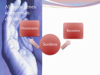 Sordera
Dominante
Recesivo
Algunos genes
se expresan
distinto
 