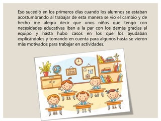 Eso sucedió en los primeros días cuando los alumnos se estaban
acostumbrando al trabajar de esta manera se vio el cambio y de
hecho me alegra decir que unos niños que tengo con
necesidades educativas iban a la par con los demás gracias al
equipo y hasta hubo casos en los que los ayudaban
explicándoles y tomando en cuenta para algunos hasta se vieron
más motivados para trabajar en actividades.
 