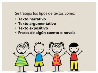 Se trabajo los tipos de textos como:
• Texto narrativo
• Texto argumentativo
• Texto expositivo
• Frases de algún cuento o novela
 