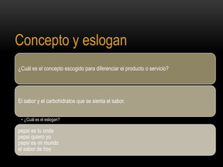 Concepto y eslogan
¿Cuál es el concepto escogido para diferenciar el producto o servicio?
El sabor y el carbohidratos que se sienta el sabor.
• ¿Cuál es el eslogan?
pepsi es tu onda
pepsi quiero yo
pepsi es mi mundo
el sabor de hoy
 