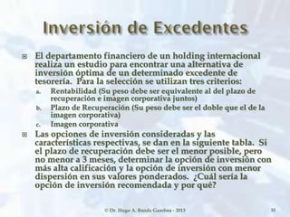  El departamento financiero de un holding internacional
realiza un estudio para encontrar una alternativa de
inversión óptima de un determinado excedente de
tesorería. Para la selección se utilizan tres criterios:
a. Rentabilidad (Su peso debe ser equivalente al del plazo de
recuperación e imagen corporativa juntos)
b. Plazo de Recuperación (Su peso debe ser el doble que el de la
imagen corporativa)
c. Imagen corporativa
 Las opciones de inversión consideradas y las
características respectivas, se dan en la siguiente tabla. Si
el plazo de recuperación debe ser el menor posible, pero
no menor a 3 meses, determinar la opción de inversión con
más alta calificación y la opción de inversión con menor
dispersión en sus valores ponderados. ¿Cuál sería la
opción de inversión recomendada y por qué?
© Dr. Hugo A. Banda Gamboa - 2013 35
 