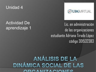 Lic. en administración
de las organizaciones
estudiante Adriana Tirado López
código 301532383
Unidad 4
Actividad De
aprendizaje 1
 