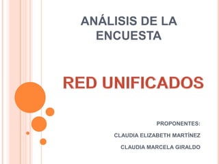 ANÁLISIS DE LA
  ENCUESTA




                PROPONENTES:

    CLAUDIA ELIZABETH MARTÍNEZ

     CLAUDIA MARCELA GIRALDO
 
