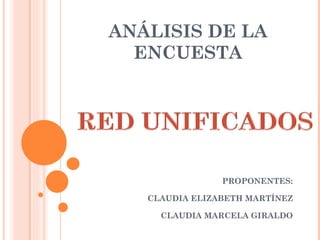 ANÁLISIS DE LA
  ENCUESTA




                PROPONENTES:

   CLAUDIA ELIZABETH MARTÍNEZ

     CLAUDIA MARCELA GIRALDO
 