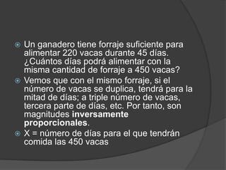 Un ganadero tiene forraje suficiente para alimentar 220 vacas durante 45 días. ¿Cuántos días podrá alimentar con la misma cantidad de forraje a 450 vacas?Vemos que con el mismo forraje, si el número de vacas se duplica, tendrá para la mitad de días; a triple número de vacas, tercera parte de días, etc. Por tanto, son magnitudes inversamente proporcionales.X = número de días para el que tendrán comida las 450 vacas