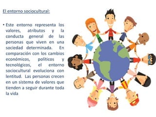 El entorno sociocultural:
• Este entorno representa los
valores, atributos y la
conducta general de las
personas que viven en una
sociedad determinada. En
comparación con los cambios
económicos,
políticos
y
tecnológicos, el entorno
sociocultural evoluciona con
lentitud. Las personas crecen
en un sistema de valores que
tienden a seguir durante toda
la vida

 