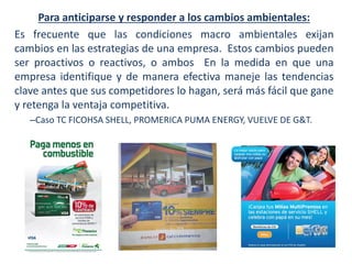 Para anticiparse y responder a los cambios ambientales:
Es frecuente que las condiciones macro ambientales exijan
cambios en las estrategias de una empresa. Estos cambios pueden
ser proactivos o reactivos, o ambos En la medida en que una
empresa identifique y de manera efectiva maneje las tendencias
clave antes que sus competidores lo hagan, será más fácil que gane
y retenga la ventaja competitiva.
–Caso TC FICOHSA SHELL, PROMERICA PUMA ENERGY, VUELVE DE G&T.

 