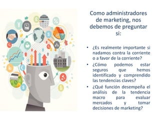 Como administradores
de marketing, nos
debemos de preguntar
si:
• ¿Es realmente importante si
nadamos contra la corriente
o a favor de la corriente?
• ¿Cómo
podemos
estar
seguros
que
hemos
identificado y comprendido
las tendencias claves?
• ¿Qué función desempeña el
análisis de la tendencia
macro
para
evaluar
mercados
y
tomar
decisiones de marketing?

 