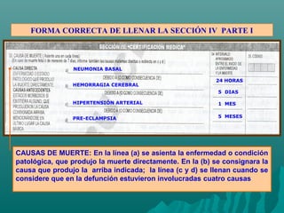 FORMA CORRECTA DE LLENAR LA SECCIÓN IV PARTE I
NEUMONIA BASAL
24 HORAS
HEMORRAGIA CEREBRAL
HIPERTENSIÓN ARTERIAL
PRE-ECLAMPSIA
5 DIAS
1 MES
5 MESES
CAUSAS DE MUERTE: En la línea (a) se asienta la enfermedad o condición
patológica, que produjo la muerte directamente. En la (b) se consignara la
causa que produjo la arriba indicada; la línea (c y d) se llenan cuando se
considere que en la defunción estuvieron involucradas cuatro causas
 
