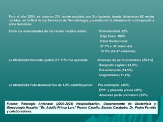 Para el año 2004, se trataron 231 recién nacidos con Surfactante, donde fallecieron 85 recién
nacidos, en la Red de los Servicios de Neonatología, presentando la información corresponde a
ocho Servicios.
Entre los antecedentes de los recién nacidos están: Prematuridad 85%
Bajo Peso 100%
Edad Gestacional:
27.7% (- 32 semanas)
57.6% (32-37 semanas)
La Morbilidad Neonatal global (17,11%) fue aportada: Amenaza de parto prematuro (25,9%)
Sangrado vaginal (14,9%)
Pre-eclampsia (14,5%)
Oligoamnios (11,4%)
La Mortalidad Feto-Neonatal fue de 1,5% contribuyendo: Pre-eclampsia (45%)
DPP y placenta previa (30%)
Amenaza parto prematuro (25%)
Fuente: Patología Antenatal (2000-2003) Hospitalización. Departamento de Obstetricia y
Ginecología Hospital “Dr. Adolfo Prince Lara” Puerto Cabello, Estado Carabobo. Dr. Pedro Faneite
y colaboradores.
 
