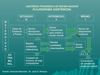 ASISTENCIA PROGRESIVA DE RECIÉN NACIDOS
FLUJOGRAMA ASISTENCIAL
INTENSIVO
III
INTERMEDIO
II
MÍNIMO
I
EX
TRA
MU
RAL
M
A
T
E
R
N
I
D
A
D
Salas de
Cesáreas
y Partos
Sector
Recepción
Reanimación
Sector
Transicional
para madre y
recién nacido
Sector de
alojamiento
conjunto
Sector
cuidados
intensivos
Sector
cuidados
intermedios
Sector
prealta
A L T A
Consultorio
de asistencia
materno-infantil
Traslado de
Centros de baja
complejidad
Fuente: Atención Neonatal . Dr. José O. Reinoza
 