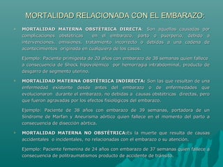  MORTALIDAD MATERNA OBSTÉTRICA DIRECTAMORTALIDAD MATERNA OBSTÉTRICA DIRECTA: Son aquellas causadas por: Son aquellas causadas por
complicaciones obstétricas en el embarazo, parto o puerperio, debido acomplicaciones obstétricas en el embarazo, parto o puerperio, debido a
intervenciones, omisiones, tratamiento incorrecto o debidas a una cadena deintervenciones, omisiones, tratamiento incorrecto o debidas a una cadena de
acontecimientos originada en cualquiera de los casos.acontecimientos originada en cualquiera de los casos.
Ejemplo: Paciente primigesta de 20 años con embarazo de 38 semanas quien falleceEjemplo: Paciente primigesta de 20 años con embarazo de 38 semanas quien fallece
a consecuencia de Shock hipovolémico por hemorragia intrabdominal, producto dea consecuencia de Shock hipovolémico por hemorragia intrabdominal, producto de
desgarro de segmento uterino.desgarro de segmento uterino.
 MORTALIDAD MATERNA OBSTÉTRICA INDIRECTA:MORTALIDAD MATERNA OBSTÉTRICA INDIRECTA: Son las que resultan de unaSon las que resultan de una
enfermedad existente desde antes del embarazo o de enfermedades queenfermedad existente desde antes del embarazo o de enfermedades que
evolucionaron durante el embarazo, no debidas a causas obstétricas directas, peroevolucionaron durante el embarazo, no debidas a causas obstétricas directas, pero
que fueron agravadas por los efectos fisiológicos del embarazo.que fueron agravadas por los efectos fisiológicos del embarazo.
Ejemplo: Paciente de 38 años con embarazo de 39 semanas, portadora de unEjemplo: Paciente de 38 años con embarazo de 39 semanas, portadora de un
Síndrome de Marfan y Aneurisma aòrtico quien fallece en el momento del parto aSíndrome de Marfan y Aneurisma aòrtico quien fallece en el momento del parto a
consecuencia de disección aòrtica.consecuencia de disección aòrtica.
 MORTALIDAD MATERNA NO OBSTÉTRICA:MORTALIDAD MATERNA NO OBSTÉTRICA:Es la muerte que resulta de causasEs la muerte que resulta de causas
accidentales o incidentales, no relacionadas con el embarazo o su atención.accidentales o incidentales, no relacionadas con el embarazo o su atención.
Ejemplo: Paciente femenina de 24 años con embarazo de 37 semanas quien fallece aEjemplo: Paciente femenina de 24 años con embarazo de 37 semanas quien fallece a
consecuencia de politraumatismos producto de accidente de tránsito.consecuencia de politraumatismos producto de accidente de tránsito.
MORTALIDAD RELACIONADA CON EL EMBARAZO:MORTALIDAD RELACIONADA CON EL EMBARAZO:
 