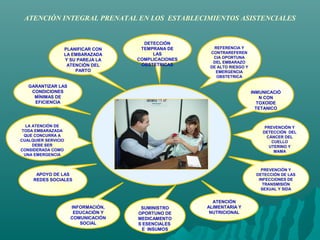 ATENCIÓN INTEGRAL PRENATAL EN LOS ESTABLECIMIENTOS ASISTENCIALES
PREVENCIÓN Y
DETECCIÓN DE LAS
INFECCIONES DE
TRANSMISIÓN
SEXUAL Y SIDA
ATENCIÓN
ALIMENTARIA Y
NUTRICIONAL
SUMINISTRO
OPORTUNO DE
MEDICAMENTO
S ESENCIALES
E INSUMOS
REFERENCIA Y
CONTRAREFEREN
CIA OPORTUNA
DEL EMBARAZO
DE ALTO RIESGO Y
EMERGENCIA
OBSTETRICA
INMUNICACIÓ
N CON
TOXOIDE
TETANICO
PREVENCIÓN Y
DETECCIÓN DEL
CÁNCER DEL
CUELLO
UTERINO Y
MAMA
INFORMACIÓN,
EDUCACIÓN Y
COMUNICACIÓN
SOCIAL
APOYO DE LAS
REDES SOCIALES
GARANTIZAR LAS
CONDICIONES
MÍNIMAS DE
EFICIENCIA
LA ATENCIÓN DE
TODA EMBARAZADA
QUE CONCURRA A
CUALQUIER SERVICIO
DEBE SER
CONSIDERADA COMO
UNA EMERGENCIA
PLANIFICAR CON
LA EMBARAZADA
Y SU PAREJA LA
ATENCIÓN DEL
PARTO
DETECCIÓN
TEMPRANA DE
LAS
COMPLICACIONES
OBSTETRICAS
 