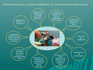 -
-
ATENCIÓN INTEGRALAL AL PARTO Y PUERPERIO EN LOS ESTABLECIMIENTOS ASISTENCIALES
-
-
PARTO
ATRAUMATICO,
LIMPIO Y EN
BUENAS
CONDICIONES
DE HIGIENE
SUMINISTRO
OPORTUNO DE
MEDICAMENTOS
ESENCIALES E
INSUMOS
REFERENCIA
EFECTIVA Y
OPORTUNA
CONDICIONES
MÍNIMAS DE
ATENCIÓN
OBSTETRICA
ESENCIAL VIGILANCIA
CLÍNICA DE LA
MADRE Y EL
FETO
(PARTOGRAMA)
VIGILANCIA
DEL
PUERPERIO
PREVENCIÓN
DE
INFECCIONES
LACTANCIA
MATERNA
RELACIÓN
AFECTIVA
MADRE/PADRE/
HIJO RESPETO A LA
INTIMIDAD,
ALOJAMIENTO
CONJUNTO Y
APEGO
PRECOZ
INFORMACIÓN Y
APOYO
PSICOEMOCIAL,
PRESENCIA DE
LA PAREJA, UN
FAMILIAR U
OTRO
ACOMPAÑANTE
 