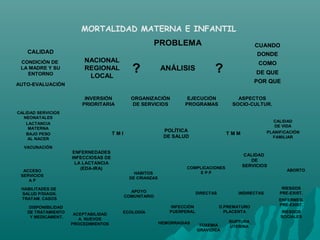 MORTALIDAD MATERNA E INFANTIL
CALIDAD
CONDICIÓN DE
LA MADRE Y SU
ENTORNO
AUTO-EVALUACIÓN
NACIONAL
REGIONAL
LOCAL
? ANÁLISIS
PROBLEMA
?
CUANDO
DONDE
COMO
DE QUE
POR QUE
INVERSIÓN
PRIORITARIA
ORGANIZACIÓN
DE SERVICIOS
EJECUCIÓN
PROGRAMAS
ASPECTOS
SOCIO-CULTUR.
T M I
POLÍTICA
DE SALUD
T M M
LACTANCIA
MATERNA
CALIDAD SERVICIOS
NEONATALES
BAJO PESO
AL NACER
VACUNACIÓN
CALIDAD
DE VIDA
PLANIFICACIÓN
FAMILIAR
ENFERNEDADES
INFECCIOSAS DE
LA LACTANCIA
(EDA-IRA)
ACCESO
SERVICIOS
A P
CALIDAD
DE
SERVICIOSCOMPLICACIONES
E P P
ABORTO
HABILITADES DE
SALUD P/DIAGN.
TRATAM. CASOS
DISPONIBILIDAD
DE TRATAMIENTO
Y MEDICAMENT.
ACEPTABILIDAD
A NUEVOS
PROCEDIMIENTOS
ECOLOGÍA
APOYO
COMUNITARIO
HABITOS
DE CRIANZAS
DIRECTAS
RUPTURA
UTERINA
INFECCIÓN
PUERPERAL
HEMORRAGIAS
D.PREMATURO
PLACENTA
TOXEMIA
GRAVIDICA
INDIRECTAS
RIESGOS
SOCIALES
RIESGOS
PRE-EXIST.
ENFERMED.
PRE-EXIST.
CALIDAD
CONDICIÓN DE
LA MADRE Y SU
ENTORNO
AUTO-EVALUACIÓN
NACIONAL
REGIONAL
LOCAL
? ANÁLISIS
PROBLEMA
?
CUANDO
DONDE
COMO
DE QUE
POR QUE
CUANDO
DONDE
COMO
DE QUE
POR QUE
INVERSIÓN
PRIORITARIA
ORGANIZACIÓN
DE SERVICIOS
EJECUCIÓN
PROGRAMAS
ASPECTOS
SOCIO-CULTUR.
T M I
POLÍTICA
DE SALUD
T M M
LACTANCIA
MATERNA
CALIDAD SERVICIOS
NEONATALES
BAJO PESO
AL NACER
VACUNACIÓN
CALIDAD
DE VIDA
PLANIFICACIÓN
FAMILIAR
ENFERNEDADES
INFECCIOSAS DE
LA LACTANCIA
(EDA-IRA)
ACCESO
SERVICIOS
A P
CALIDAD
DE
SERVICIOSCOMPLICACIONES
E P P
ABORTO
HABILITADES DE
SALUD P/DIAGN.
TRATAM. CASOS
DISPONIBILIDAD
DE TRATAMIENTO
Y MEDICAMENT.
ACEPTABILIDAD
A NUEVOS
PROCEDIMIENTOS
ECOLOGÍA
APOYO
COMUNITARIO
HABITOS
DE CRIANZAS
DIRECTAS
RUPTURA
UTERINA
INFECCIÓN
PUERPERAL
HEMORRAGIAS
D.PREMATURO
PLACENTA
TOXEMIA
GRAVIDICA
INDIRECTAS
RIESGOS
SOCIALES
RIESGOS
PRE-EXIST.
ENFERMED.
PRE-EXIST.
 
