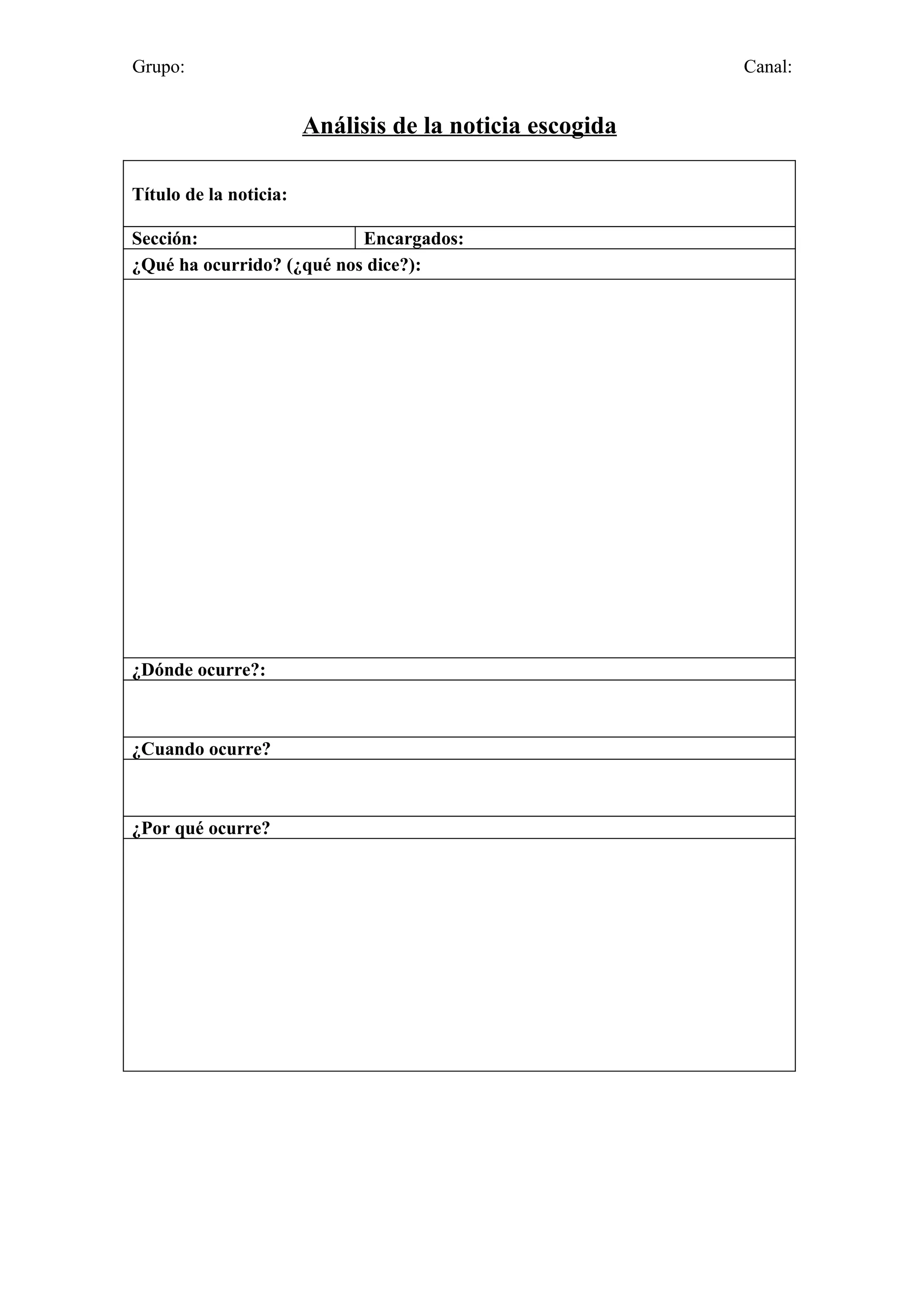 Grupo: Canal:
Análisis de la noticia escogida
Título de la noticia:
Sección: Encargados:
¿Qué ha ocurrido? (¿qué nos dice?):
¿Dónde ocurre?:
¿Cuando ocurre?
¿Por qué ocurre?