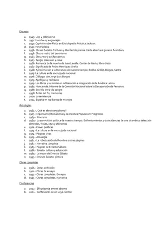 Ensayos:
a. 1945: Uno y el Universo
b. 1951: Hombres y engranajes
c. 1951: Capítulo sobre Física en Enciclopedia Práctica Jackson.
d. 1953: Heterodoxia
e. 1956: El caso Sabato. Torturas y libertad de prensa. Carta abierta al general Aramburu
f. 1956: El otro rostro del peronismo
g. 1963: El escritor y sus fantasmas
h. 1963: Tango, discusión y clave
i. 1966: Romance de la muerte de Juan Lavalle. Cantar de Gesta, libro-disco
j. 1967: Significado de Pedro Henríquez Ureña
k. 1968: Aproximación a la literatura de nuestro tiempo: Robbe-Grillet, Borges, Sartre
l. 1973: La cultura en la encrucijada nacional
m. 1976: Diálogos con Jorge Luis Borges
n. 1979: Apologías y rechazos
o. 1979: Los libros y su misión en la liberación e integración de la América Latina
p. 1985: Nunca más. Informe de la Comisión Nacional sobre la Desaparición de Personas
q. 1988: Entre la letra y la sangre
r. 1998: Antes del fin, memorias
s. 2000: La resistencia
t. 2004: España en los diarios de mi vejez
Antologías
a. 1967.- ¿Qué es el existencialismo?
b. 1967.- El pensamiento nacional y la encíclica Popularum Progressio
c. 1969.- Itinerario
d. 1969.- La convulsión política de nuestro tiempo. Enfrentamientos y coincidencias de una dramática selección
de textos, frases, citas y aforismos
e. 1971.- Claves políticas
f. 1973.- La cultura en la encrucijada nacional
g. 1974.- Páginas vivas
h. 1975.- Antología
i. 1981.- La robotización del hombre y otras páginas
j. 1982.- Narrativa completa
k. 1985.- Páginas de Ernesto Sábato
l. 1986.- Sábato: cultura y educación
m. 1989.- Lo mejor de Ernesto Sábato
n. 1995.- Ernesto Sábato: pintura
Obras completas
a. 1966.- Obras de ficción
b. 1970.- Obras de ensayo
c. 1997.- Obras completas. Ensayos
d. 1997.- Obras completas. Narrativa
Conferencias
a. 2002.- El horizonte ante el abismo
b. 2002.- Confesiones de un viejo escritor
 
