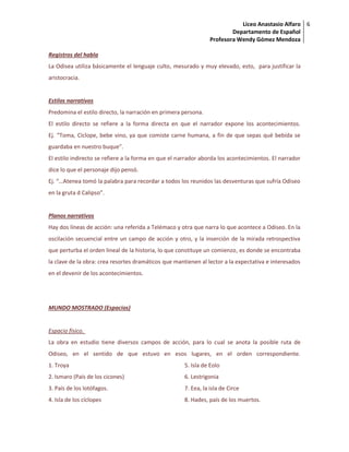 Liceo Anastasio Alfaro
Departamento de Español
Profesora Wendy Gómez Mendoza
6
Registros del habla
La Odisea utiliza básicamente el lenguaje culto, mesurado y muy elevado, esto, para justificar la
aristocracia.
Estilos narrativos
Predomina el estilo directo, la narración en primera persona.
El estilo directo se refiere a la forma directa en que el narrador expone los acontecimientos.
Ej. “Toma, Cíclope, bebe vino, ya que comiste carne humana, a fin de que sepas qué bebida se
guardaba en nuestro buque”.
El estilo indirecto se refiere a la forma en que el narrador aborda los acontecimientos. El narrador
dice lo que el personaje dijo pensó.
Ej. “…Atenea tomó la palabra para recordar a todos los reunidos las desventuras que sufría Odiseo
en la gruta d Calipso”.
Planos narrativos
Hay dos líneas de acción: una referida a Telémaco y otra que narra lo que acontece a Odiseo. En la
oscilación secuencial entre un campo de acción y otro, y la inserción de la mirada retrospectiva
que perturba el orden lineal de la historia, lo que constituye un comienzo, es donde se encontraba
la clave de la obra: crea resortes dramáticos que mantienen al lector a la expectativa e interesados
en el devenir de los acontecimientos.
MUNDO MOSTRADO (Espacios)
Espacio físico.
La obra en estudio tiene diversos campos de acción, para lo cual se anota la posible ruta de
Odiseo, en el sentido de que estuvo en esos lugares, en el orden correspondiente.
1. Troya
2. Ismaro (País de los cicones)
3. País de los lotófagos.
4. Isla de los cíclopes
5. Isla de Eolo
6. Lestrigonia
7. Eea, la isla de Circe
8. Hades, país de los muertos.
 