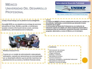 MéxicoUniversidad Del Desarrollo Profesionalhttp://www.unidep.edu.mx/UnidepVirtual.aspxMISION           La misión de UNIDEP es formar profesionales de éxito que cuenten con las actitudes, habilidades y conocimientos que demanda el sector productivo de la región. La Universidad del Desarrollo Profesional es una institución de educación superior de calidad, que ofrece programas presenciales y semipresenciales de bachillerato, profesional asociado, licenciatura, posgrado, diplomados y cursos en México y en el extranjero.Unidep Virtual trabaja con la plataforma Escuela@Web.  Escuel@-WEB es una plataforma de entrega de servicios educativos en línea, flexible y sencilla; un portal para acceder a toda la información de los cursos, servicios académicos y administrativos de la institución. CARRERASAdministración de compras Agencias de publicidad Imagen profesional Arbitraje y mediación Mercadotecnia turística Comercio electrónico Planeación estratégica y operatividad institucional Mercadotecnia internacional Sistemas y normas de calidadMODELO EDUCATIVOCuenta con un modelo de administración sistematizado, participativo, operado por personal que es recompensado por su desempeño efectivo que le permite maximizar las aportaciones de sus socios y mantener finanzas sanas. 