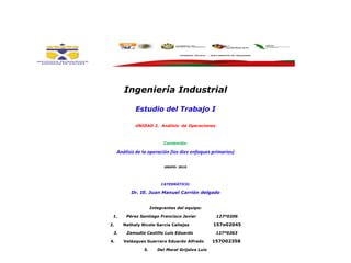 Ingeniería Industrial
Estudio del Trabajo I
UNIDAD 2. Análisis de Operaciones
Contenido:
Análisis de la operación (los die...