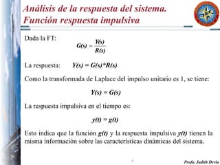 Profa. Judith Devia
Análisis de la respuesta del sistema.
Función respuesta impulsiva
Dada la FT:
La respuesta: Y(s) = G(s)*R(s)
Como la transformada de Laplace del impulso unitario es 1, se tiene:
Y(s) = G(s)
La respuesta impulsiva en el tiempo es:
y(t) = g(t)
Esto indica que la función g(t) y la respuesta impulsiva y(t) tienen la
misma información sobre las características dinámicas del sistema.
R(s)
Y(s)
G(s) 
6
 