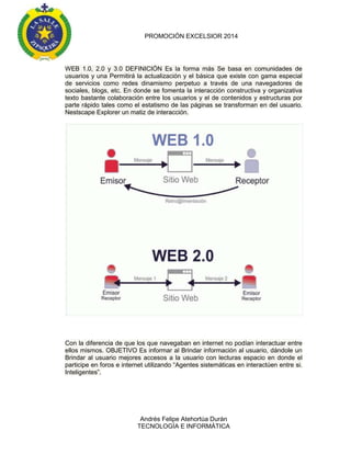 PROMOCIÓN EXCELSIOR 2014

WEB 1.0, 2.0 y 3.0 DEFINICIÓN Es la forma más Se basa en comunidades de
usuarios y una Permitirá la actualización y el básica que existe con gama especial
de servicios como redes dinamismo perpetuo a través de una navegadores de
sociales, blogs, etc. En donde se fomenta la interacción constructiva y organizativa
texto bastante colaboración entre los usuarios y el de contenidos y estructuras por
parte rápido tales como el estatismo de las páginas se transforman en del usuario.
Nestscape Explorer un matiz de interacción.

Con la diferencia de que los que navegaban en internet no podían interactuar entre
ellos mismos. OBJETIVO Es informar al Brindar información al usuario, dándole un
Brindar al usuario mejores accesos a la usuario con lecturas espacio en donde el
participe en foros e internet utilizando “Agentes sistemáticas en interactúen entre si.
Inteligentes”.

Andrés Felipe Atehortúa Durán
TECNOLOGÍA E INFORMÁTICA

 