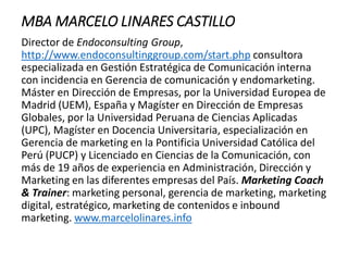 MBA MARCELO LINARES CASTILLO
Director de Endoconsulting Group,
http://www.endoconsultinggroup.com/start.php consultora
esp...