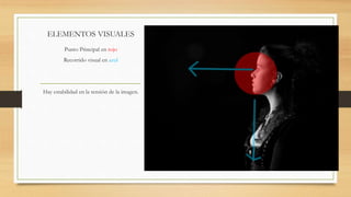 ELEMENTOS VISUALES
Punto Principal en rojo
Recorrido visual en azul
Hay estabilidad en la tensión de la imagen.
 
