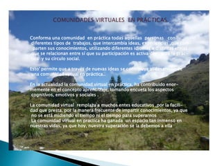 COMUNIDADES VIRTUALES  EN PRÁCTICAS.Conforma una comunidad  en práctica todas aquellas  personas   con diferentes tipos de  trabajos, que intercambia ideas, experiencias ,que com-  parten sus conocimientos, utilizando diferentes idiomas a distintas etnias,que se relacionan entre sí que su participación es activa dentro de la prác- tica  y su círculo social.Esto' permite que a través de nuevas ideas se contribuya al desarrollo de una comunidad virtual en práctica..En la actualidad la comunidad virtual en práctica, ha contribuido enor-memente en el concepto aprendizaje, tomando encueta los aspectos cognitivos, emotivos y sociales .La comunidad virtual  remplaza a muchos entes educativos ,por la facili-dad que presta, por la manera frecuente de impartir conocimientos, ya que no se está midiendo el tiempo ni el tiempo para superarnos  La comunidad virtual en practica ha ganada  un espacio tan inmenso en nuestras vidas, ya que hoy, nuestra superación se la debemos a ella 