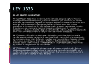 LEY 1333
DE LOS DELITOS AMBIENTALES
ARTICULO 110º.‐ Todo el que con o sin autorización cace, pesque o capture, utilizando  
ARTICULO  º T d   l                 i          i ió                              ili d
medios prohibidos como explosivos, sustancias venenosas y las prohibidas por normas 
especiales, causando daño, degradación del medio ambiente o amenace la extinción de las 
especies, será sancionado con la privación de libertad de uno a tres años y multa 
equivalente al cien por ciento del valor de los animales pescados, capturados o cazados.
eq i alente al cien por ciento del  alor de los animales pescados  capt rados o ca ados
Si esa caza, pesca o captura se efectúa en áreas protegidas o zonas de reserva o en 
períodos de veda causando daño o degradación del medio ambiente, la pena será agravada 
en un tercio y multa equivalente al cien por ciento del valor de las especies.
ARTICULO 111º.‐ El que incite, promueva, capture y/o comercialice el producto de la 
cacería, tenencia, acopio, transporte de especies animales y vegetales, o de sus derivados 
sin autorización o que estén declaradas en veda o reserva, poniendo en riesgo de extinción 
a las mismas, sufrirá la pena de privación de libertad de hasta dos años perdiendo las 
a las mismas  sufrirá la pena de privación de libertad de hasta dos años perdiendo las 
especies, las que serán devueltas a su habitat natural, si fuere aconsejable, más la multa 
equivalente al cien por ciento del valor de estas.
ARTICULO 112 .
ARTICULO 112º.‐ El que deposite, vierta o comercialice desechos industriales líquidos 
sólidos o gaseosos poniendo en peligro la  vida humana y/o siendo no asimilables por el 
medio ambiente, o no cumpla las normas sanitarias y de protección ambiental, sufrirá la 
pena de privación de libertad de hasta dos años.
 