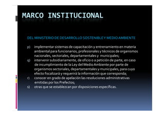 MARCO INSTITUCIONAL

 DEL MINISTERIO DE DESARROLLO SOSTENIBLE Y MEDIO AMBIENTE

 p)      implementar sistemas de capacitación y entrenamiento en materia 
         ambiental para funcionarios, profesionales y técnicos de organismos 
         nacionales, sectoriales, departamentales y  municipales;
 q) intervenir subsidiariamente, de oficio o a petición de parte, en caso 
         de incumplimiento de la Ley del Medio Ambiente por parte de 
         organismos sectoriales, departamentales y municipales, para cuyo 
         efecto fiscalizará y requerirá la información que corresponda;
 r) conocer en grado de apelación las resoluciones administrativas 
         emitidas por los Prefectos;
                   p
 s)      otras que se establezcan por disposiciones específicas.
 