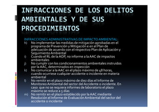 INFRACCIONES DE LOS DELITOS 
AMBIENTALES Y DE SUS 
PROCEDIMIENTOS
INFRACCIONES ADMINISTRATIVAS DE IMPACTO AMBIENTAL:
h) No implementar las medidas de mitigación aprobadas en el 
    programa de Prevención y Mitigación e en el Plan de 
    adecuación de acuerdo con el respectivo Plan de Aplicación y 
    Seguimiento Ambiental
i) Cuando el RL de la AOP  no informe a la AAC de impactos 
    Cuando el RL de la AOP, no informe a la AAC de impactos 
    ambientales
j) No cumplir con los condicionamientos ambientales instruidos 
    p
    por la AAC, determinados en inspección
                                    p
k) No comunicar a la AAC en el plazo máximo de 48 horas, 
    cuando ocurriese cualquier accidente o incidente en materia 
    ambiental
l) No remitir en el plazo máximo de diez días el Informe de 
    Monitoreo Ambiental del sector del Accidente o incidente. En 
    caso  que no se requiera informes de laboratorio el plazo 
    máximo se reduce a 5 días
m) No remitir en el plazo establecido por la AAC mediante 
    Resolución el Informe de Evaluación Ambiental del sector del 
    accidente o incidente
 
