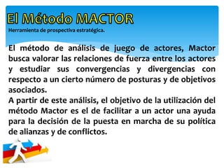 Herramienta de prospectiva estratégica.
El método de análisis de juego de actores, Mactor
busca valorar las relaciones de ...
