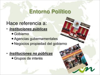 Entorno Político
Hace referencia a:
• Instituciones públicas
•Gobierno
•Agencias gubernamentales
•Negocios propiedad del gobierno

• Instituciones no públicas
•Grupos de interés
 
