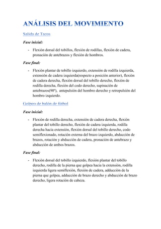 Fase inicial: 
- Flexión dorsal del tobillos, flexión de rodillas, flexión de cadera, 
pronación de antebrazos y flexión de hombros. 
Fase final: 
- Flexión plantar de tobillo izquierdo, extensión de rodilla izquierda, 
extensión de cadera izquierda(respecto a posición anterior), flexión 
de cadera derecha, flexión dorsal del tobillo derecho, flexión de 
rodilla derecha, flexión del codo derecho, supinación de 
antebrazos(90º), antepulsión del hombro derecho y retropulsión del 
hombro izquierdo. 
Fase inicial: 
- Flexión de rodilla derecha, extensión de cadera derecha, flexión 
plantar del tobillo derecho, flexión de cadera izquierda, rodilla 
derecha hacia extensión, flexión dorsal del tobillo derecho, codo 
semiflexionado, rotación externa del brazo izquierdo, abducción de 
brazos, rotación y abducción de cadera, pronación de antebrazo y 
abducción de ambos brazos. 
Fase final: 
- Flexión dorsal del tobillo izquierdo, flexión plantar del tobillo 
derecho, rodilla de la pierna que golpea hacia la extensión, rodilla 
izquierda ligera semiflexión, flexión de cadera, adducción de la 
pierna que golpea, adducción de brazo derecho y abducción de brazo 
derecho, ligera rotación de cabeza. 
 