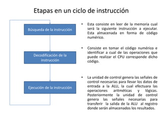 Etapas en un ciclo de instrucción
                              •   Esta consiste en leer de la memoria cual
Búsqueda de la instrucción        será la siguiente instrucción a ejecutar.
                                  Esta almacenada en forma de código
                                  numérico.

                              •   Consiste en tomar el código numérico e
                                  identificar a cual de las operaciones que
   Decodificación de la           puede realizar el CPU corresponde dicho
       instrucción                código.


                              •   La unidad de control genera las señales de
                                  control necesarias para llevar los datos de
Ejecución de la instrucción       entrada a la ALU, la cual efectuara las
                                  operaciones aritméticas y lógicas.
                                  Posteriormente la unidad de control
                                  genera las señales necesarias para
                                  transferir la salida de la ALU al registro
                                  donde serán almacenados los resultados.
 