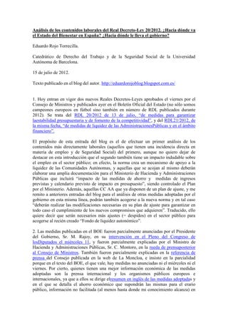 Análisis de los contenidos laborales del Real Decreto-Ley 20/2012. ¿Hacia dónde va
el Estado del Bienestar en España? ¿Hac...