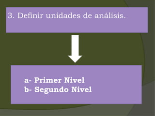 3. Definir unidades de análisis.
a- Primer Nivel
b- Segundo Nivel
 