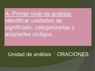 A- Primer nivel de análisis:
Identificar unidades de
significado, categorizarlas y
asignarles códigos.
Unidad de análisis ORACIONES
 