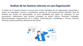 Análisis de los factores internos en una Organización
El análisis de los factores internos es crucial para el éxito estratégico de una organización. Comprender y
evaluar las capacidades, recursos y competencias internas de una empresa permite identificar áreas de
fortaleza que pueden ser aprovechadas, así como debilidades que deben ser mejoradas. En esta
presentación, exploraremos ocho factores principales de análisis interno: Planeación Estratégica,
Aprovisionamiento, Aseguramiento de la Calidad, Comercialización, Contabilidad y finanzas, Recursos
humanos, Gestión ambiental y Sistemas de información.
 